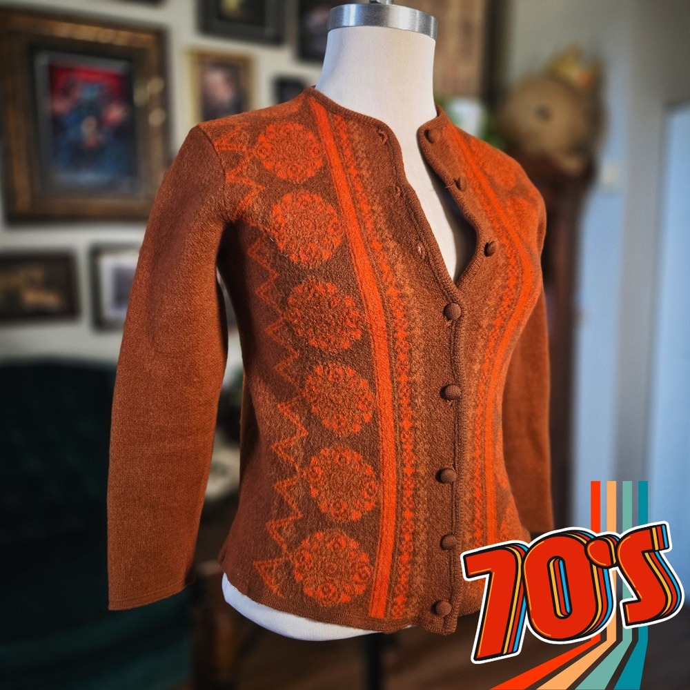 Angelli Cardigan Sweater Vintage 70s Rust Orange Zephyr Wool Geometric Boho XS S